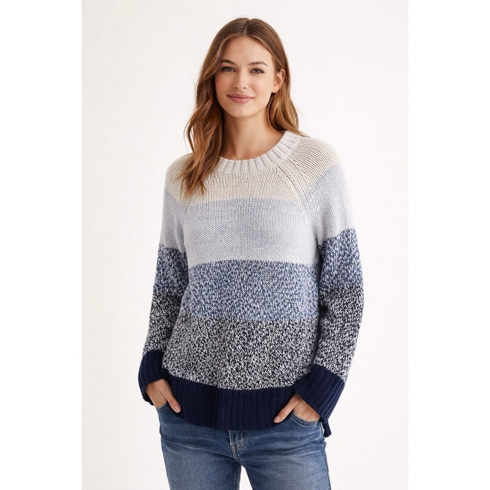 Aerie Womens M Knit Sweater Blue Gray Ombre Color Block Long Sleeve Ribbed Hem